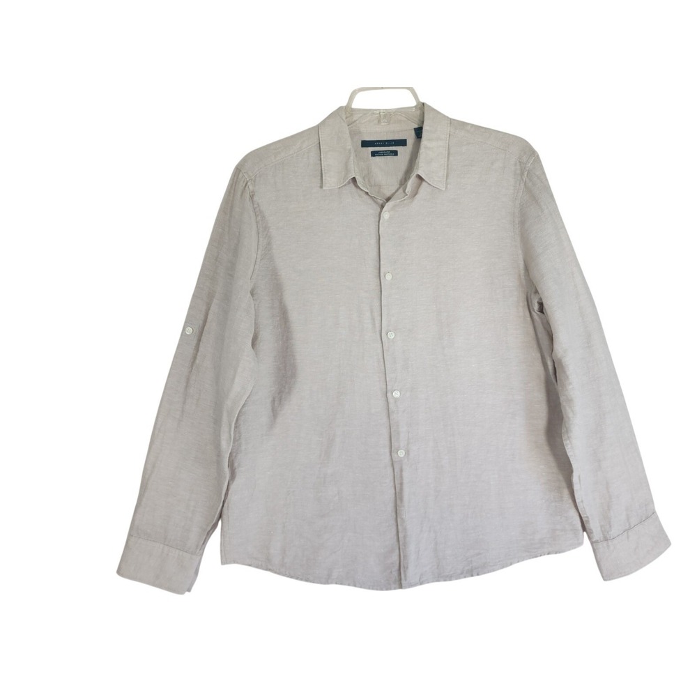Perry Ellis Men L Linen Blend Button Shirt Beige Coastal Casual Classic Preppy